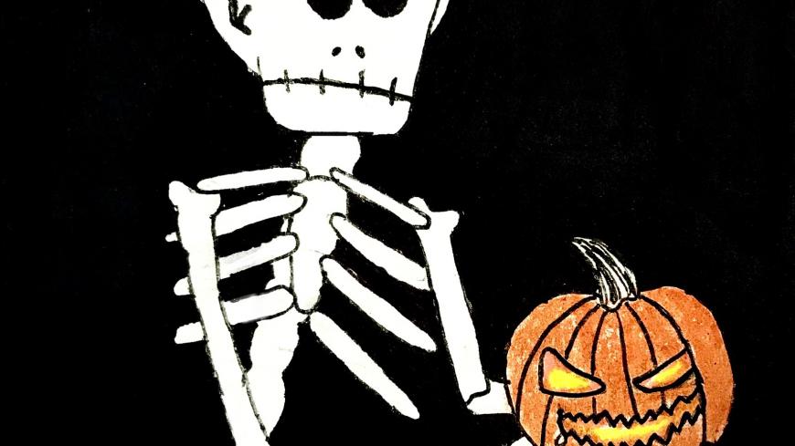 Skeleton holding pumpkin